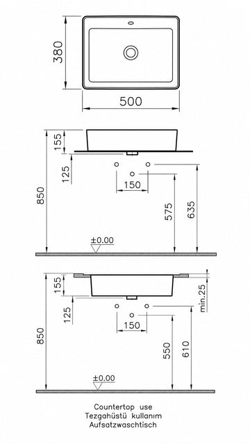 NUO DİKDÖRTGEN TEZGAHALTI LAVABO, 60CM (7434B003-1082)