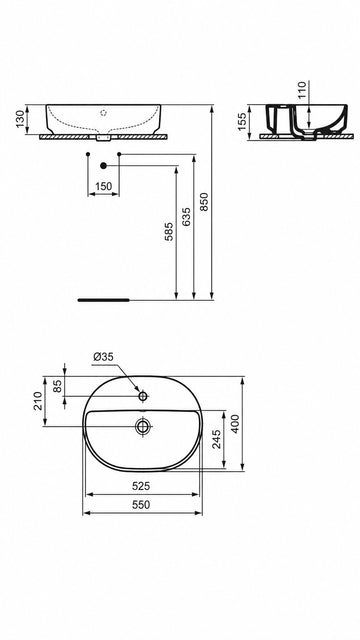 IDEAL İ.LİFE O TEZGAH ÜSTÜ OVAL LAVABO 55 CM WHİTE