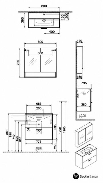 MİA SET 80 CM ÇEKMECELİ (LAVABO DOLABI) BEYAZ (66050)
